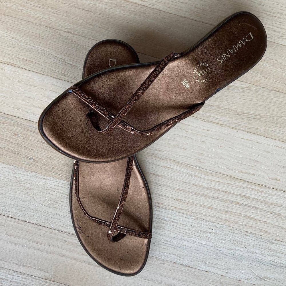 Damiani's Italian Sequin Crossover Toe Strap Slip On Sandals Wedge Heels Sz 10M